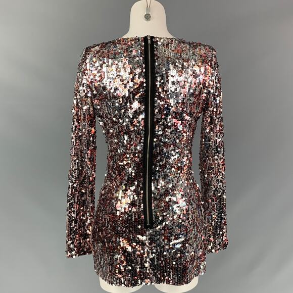 BADGLEY MISCHKA Size M Silver Burgundy Sequined Long Sleeve Mini Dress - Picture 4 of 5
